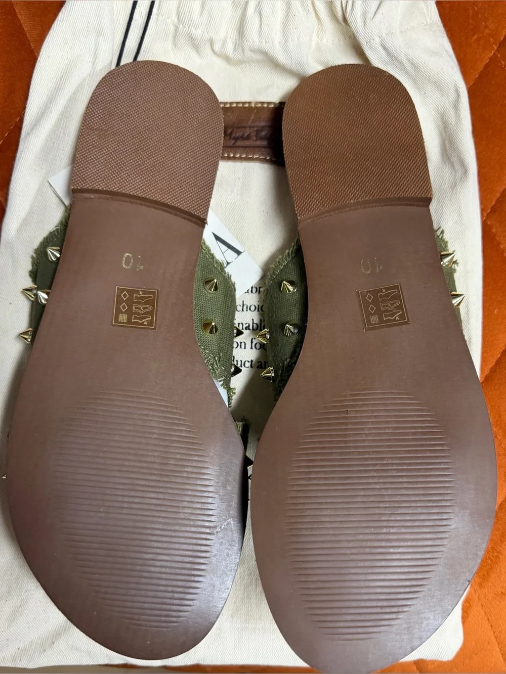 Myra Bag Olive Green Studded Crossband Leather-Trim Slide Sandals women’s 10